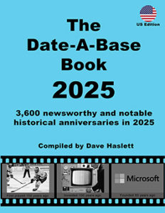 The Date-A-Base Book 2025 US edition front cover. 3,600 historical anniversaries in 2025.