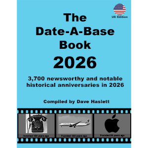 The Date-A-Base Book 2026 front cover (US edition). 3,700 historical anniversaries in 2026.